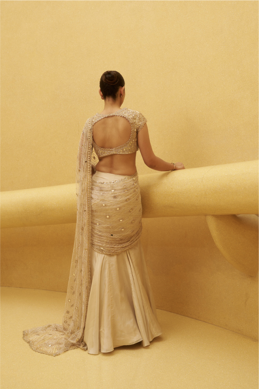 Rose Gold Tissue Hand Embroidered Saree Set