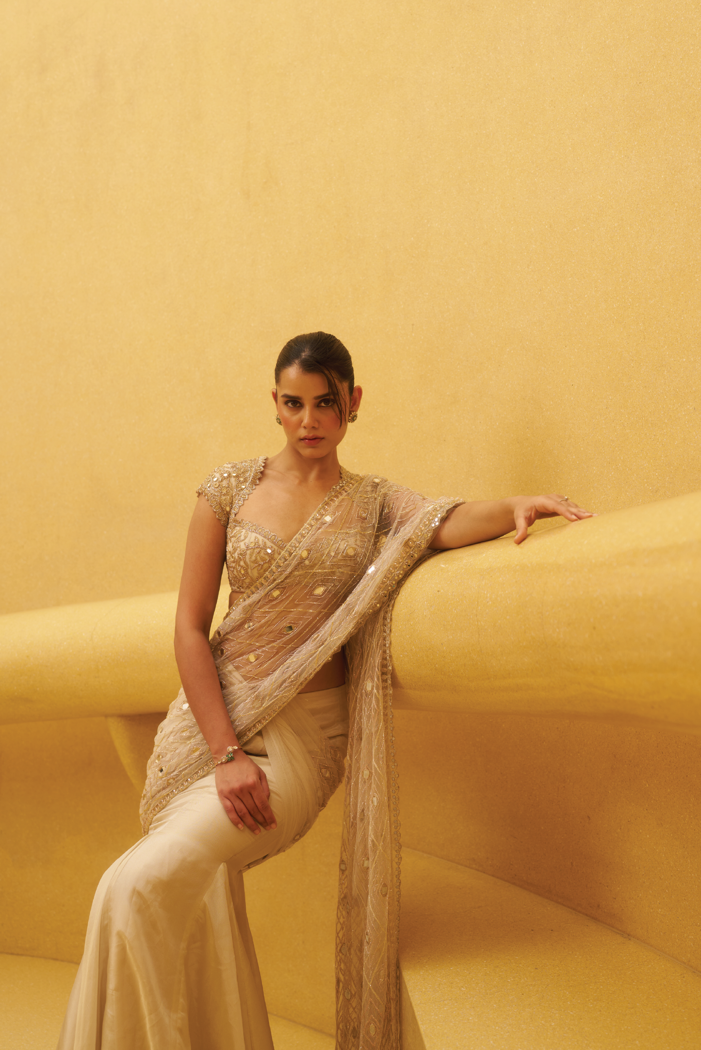 Rose Gold Tissue Hand Embroidered Saree Set