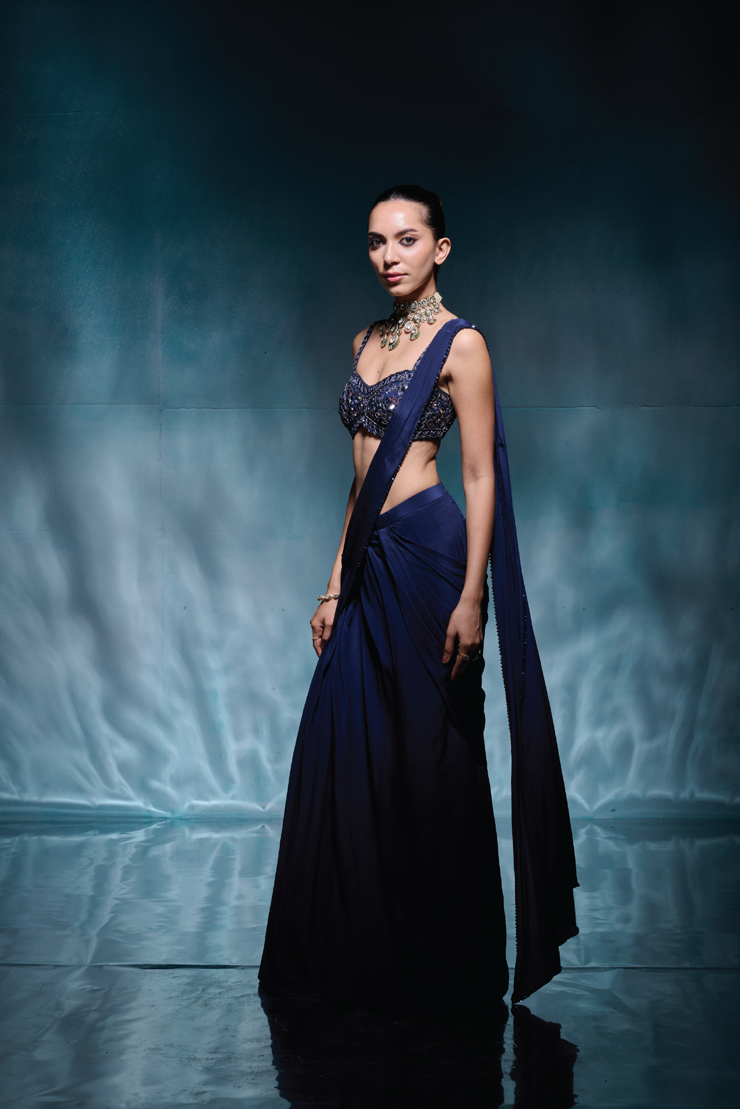 Pre Stitched Royal Blue Saree Set