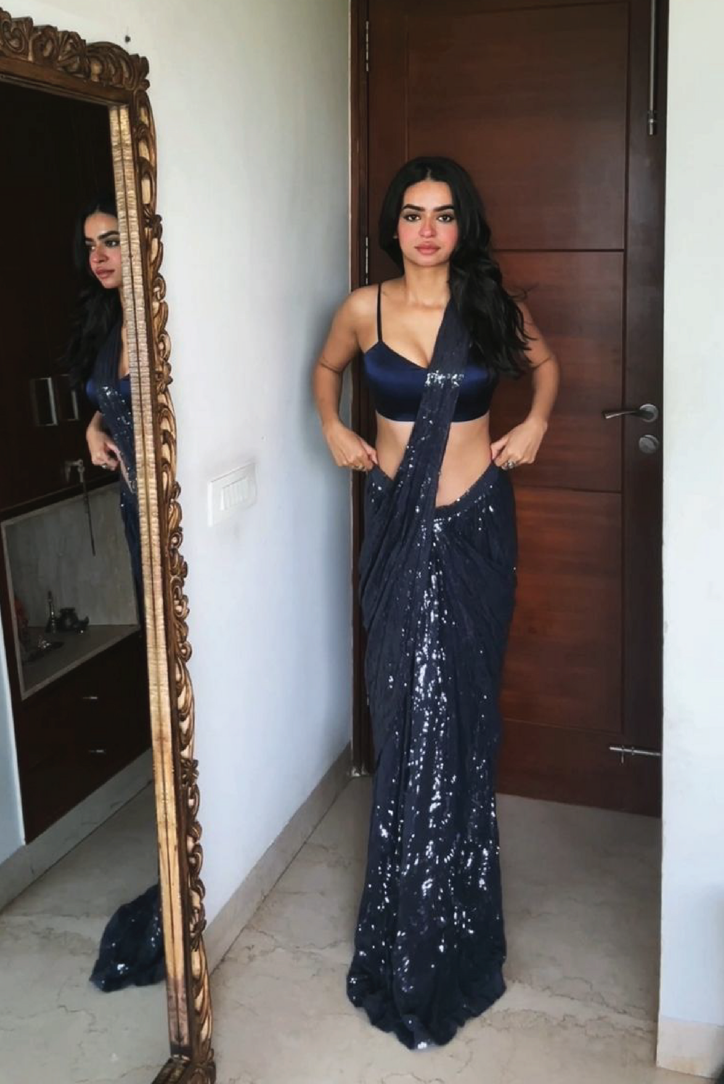 Electric Blue Sequin Pre-Stitched Saree