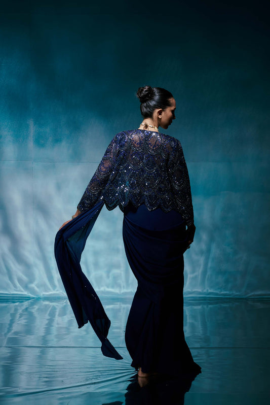 Royal Blue Jacket Saree Set