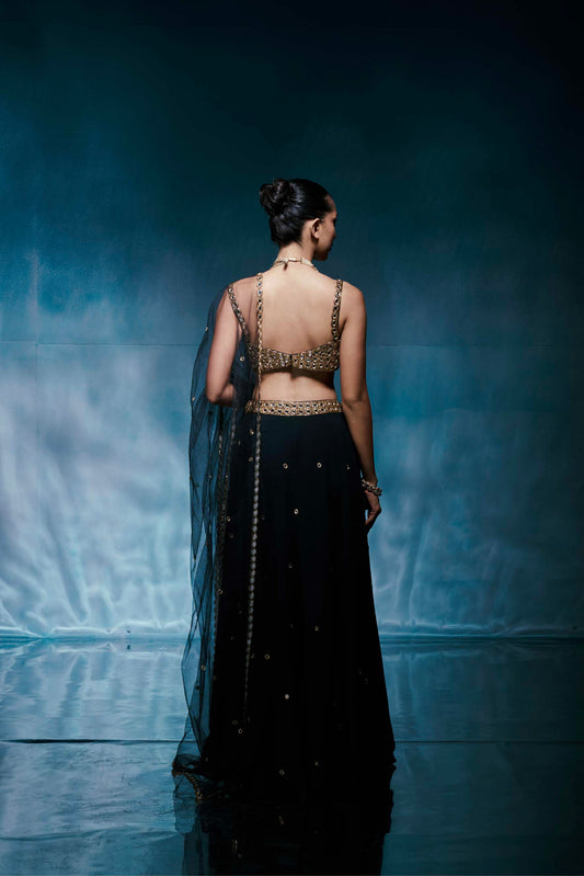 Black Georgette Mirror-Work Lehenga Set