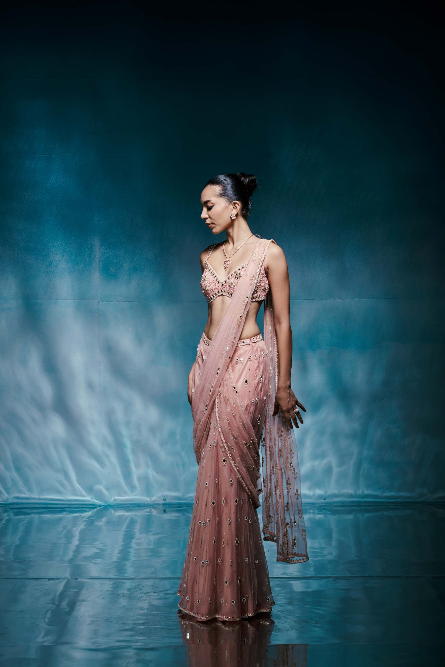 Peach Tulle Saree Set