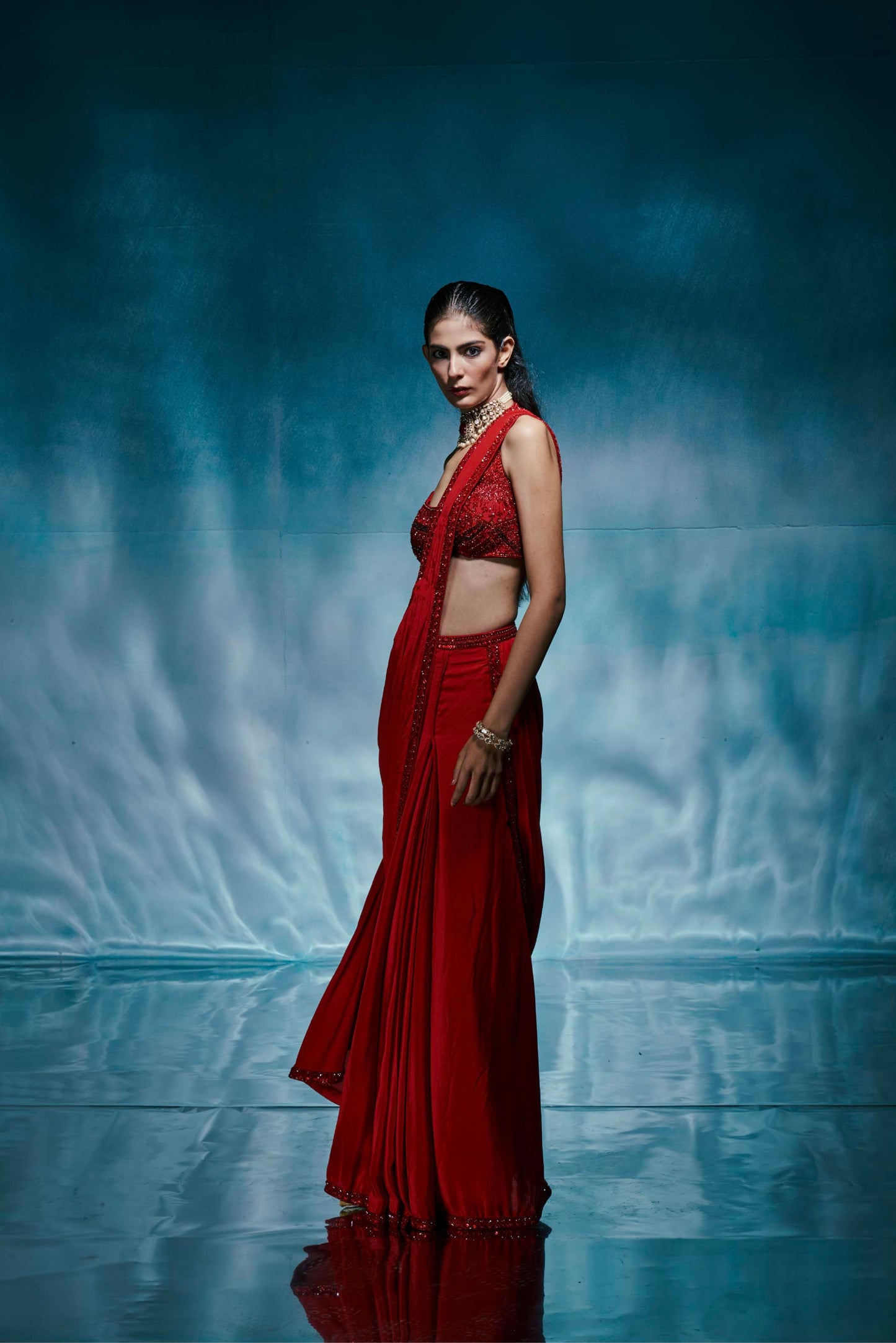 Red Pre Stitched Saree Set