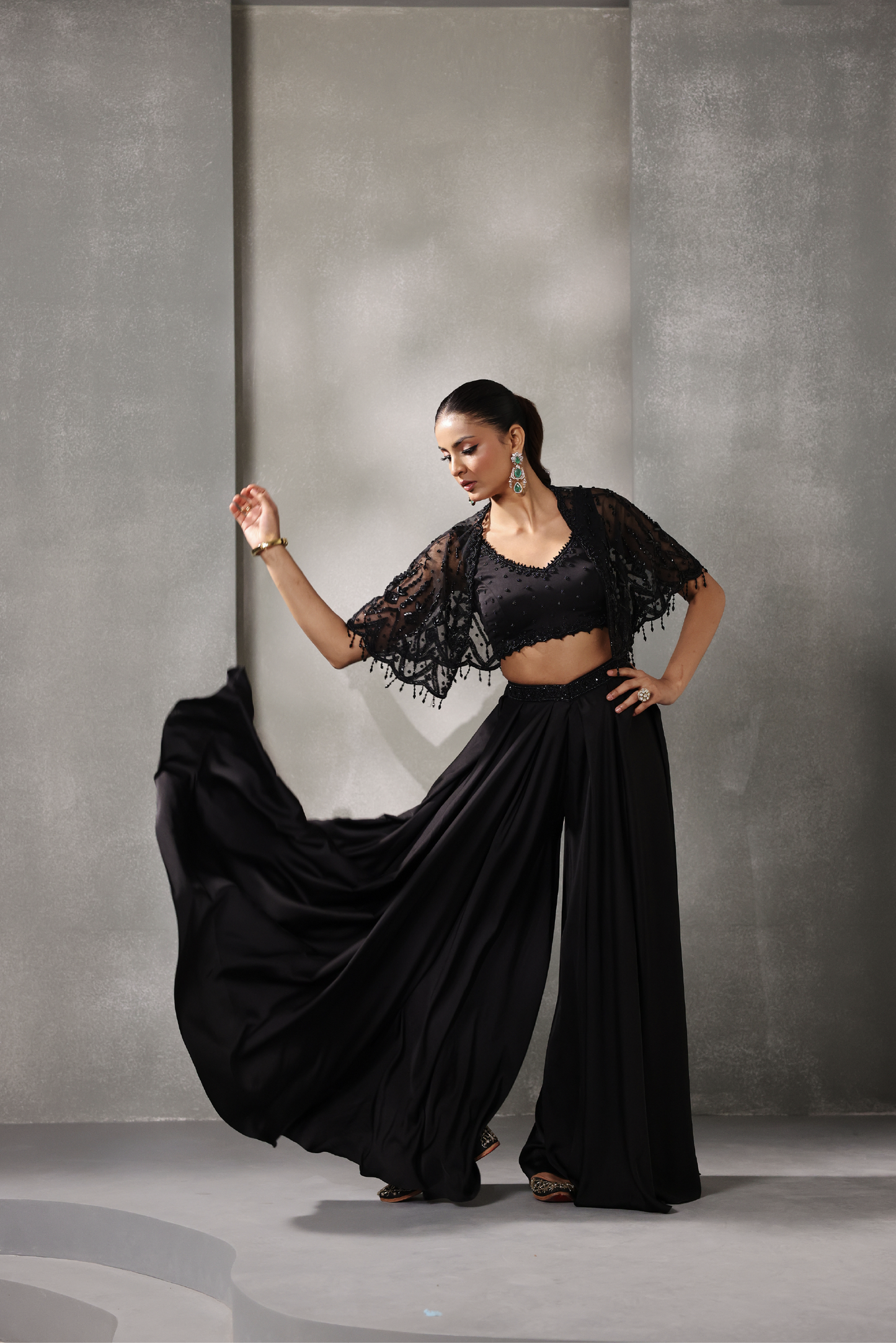 Black Cape Sharara Set