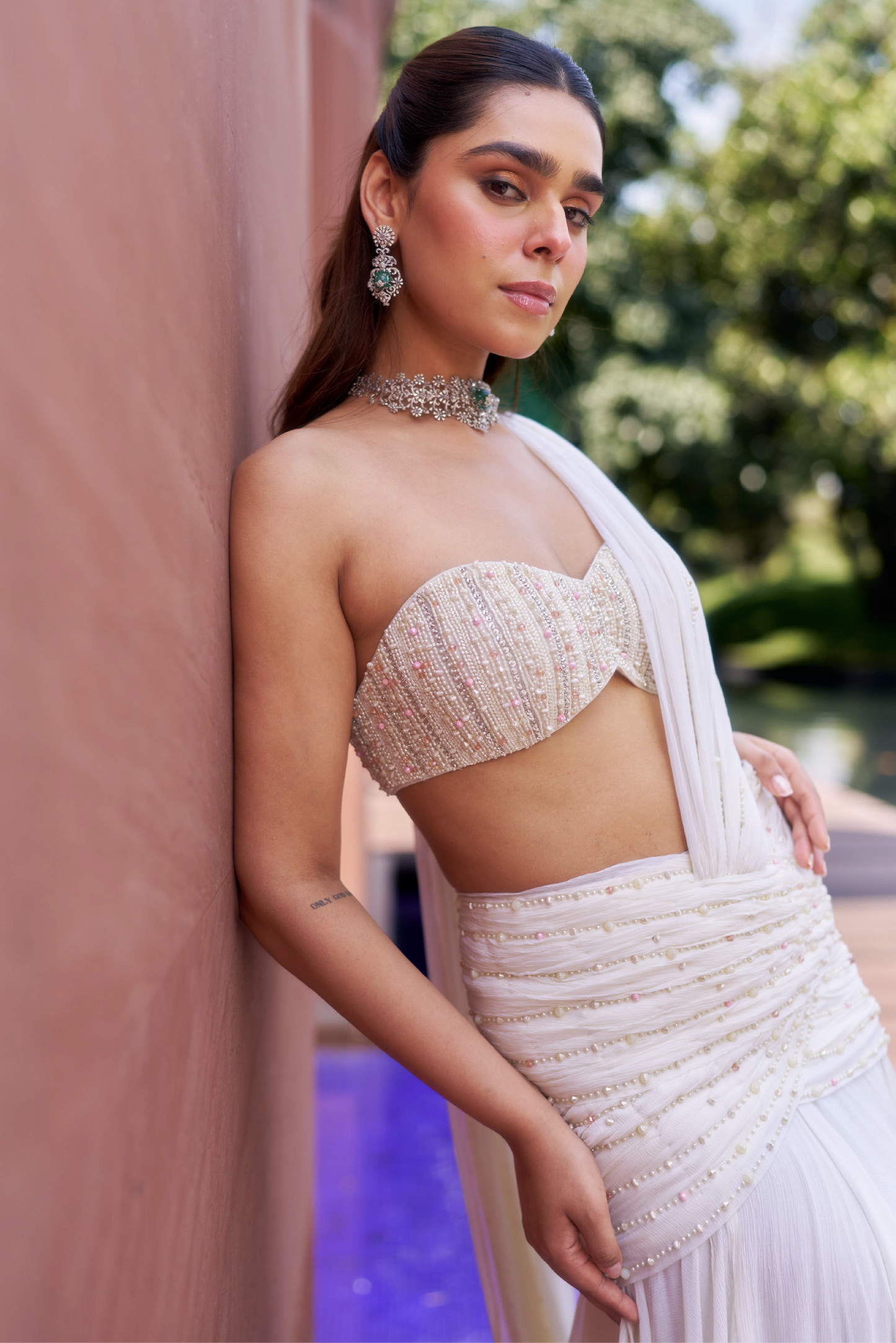 Ivory Chiffon Drape with Pearl Bead Embroidery Set