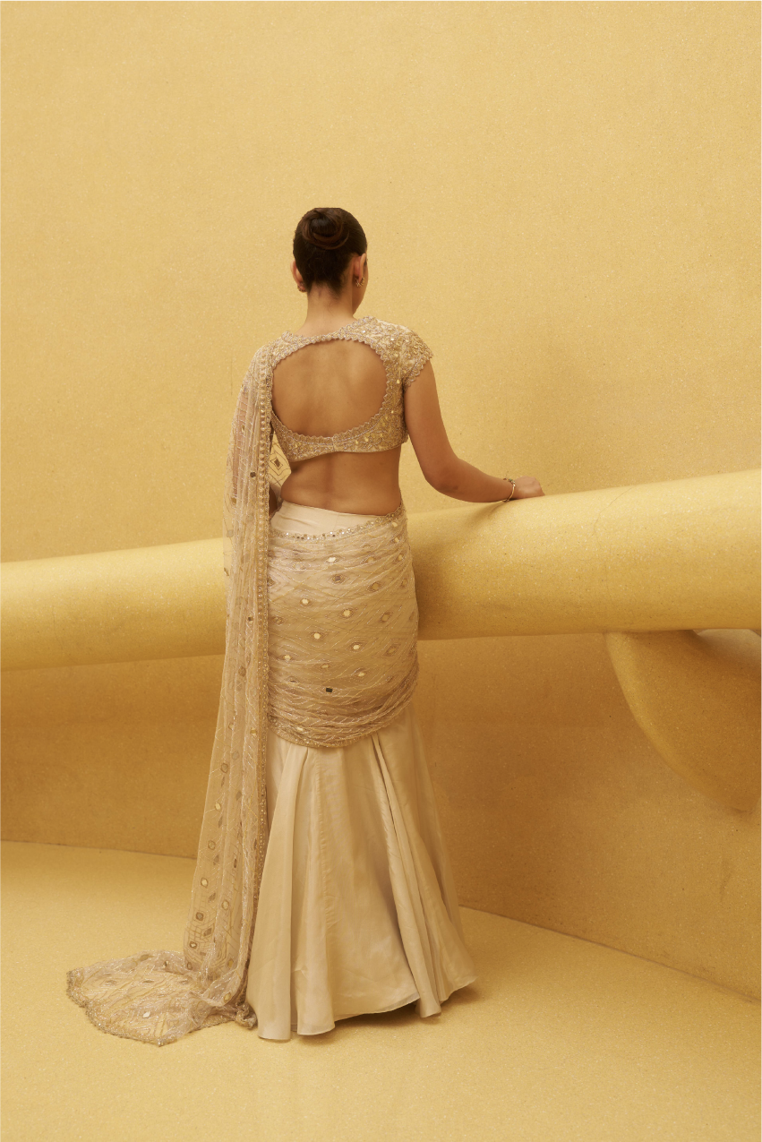 Rose Gold Tissue Hand Embroidered Saree Set