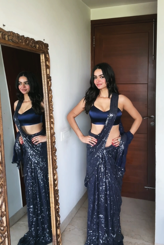 Electric Blue Sequin Pre-Stitched Saree