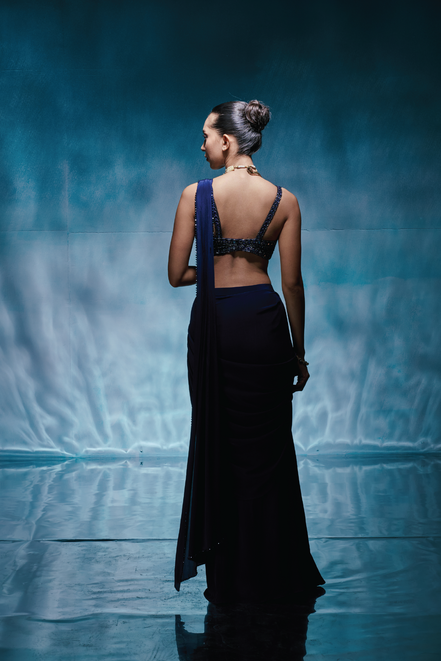 Pre Stitched Royal Blue Saree Set