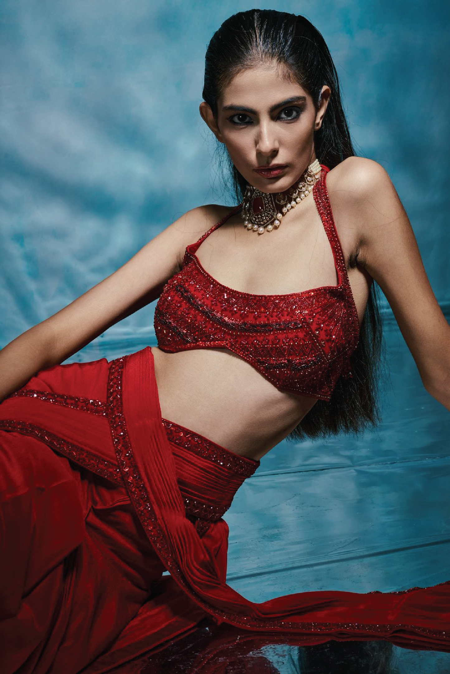 Red Pre Stitched Saree Set