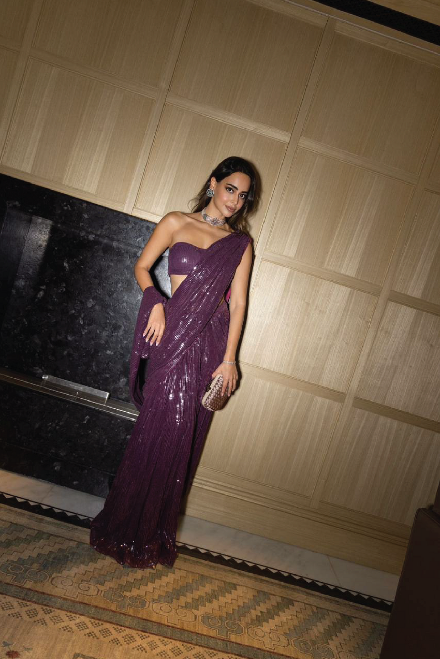 Wine Sequin Pre Stitched Saree Set