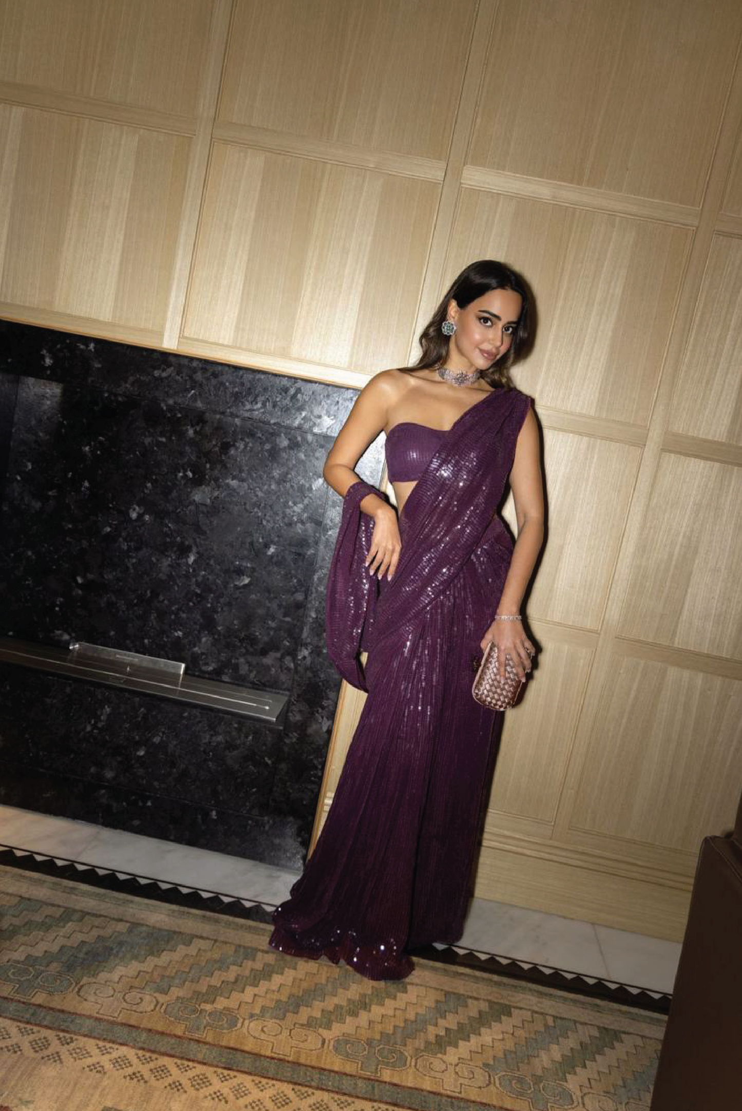 Wine Sequin Pre Stitched Saree Set