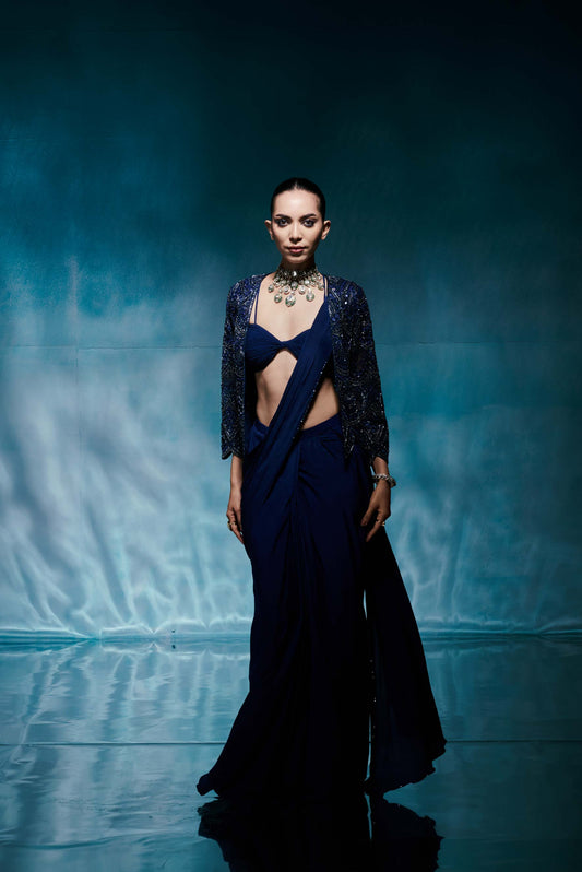 Royal Blue Jacket Saree Set