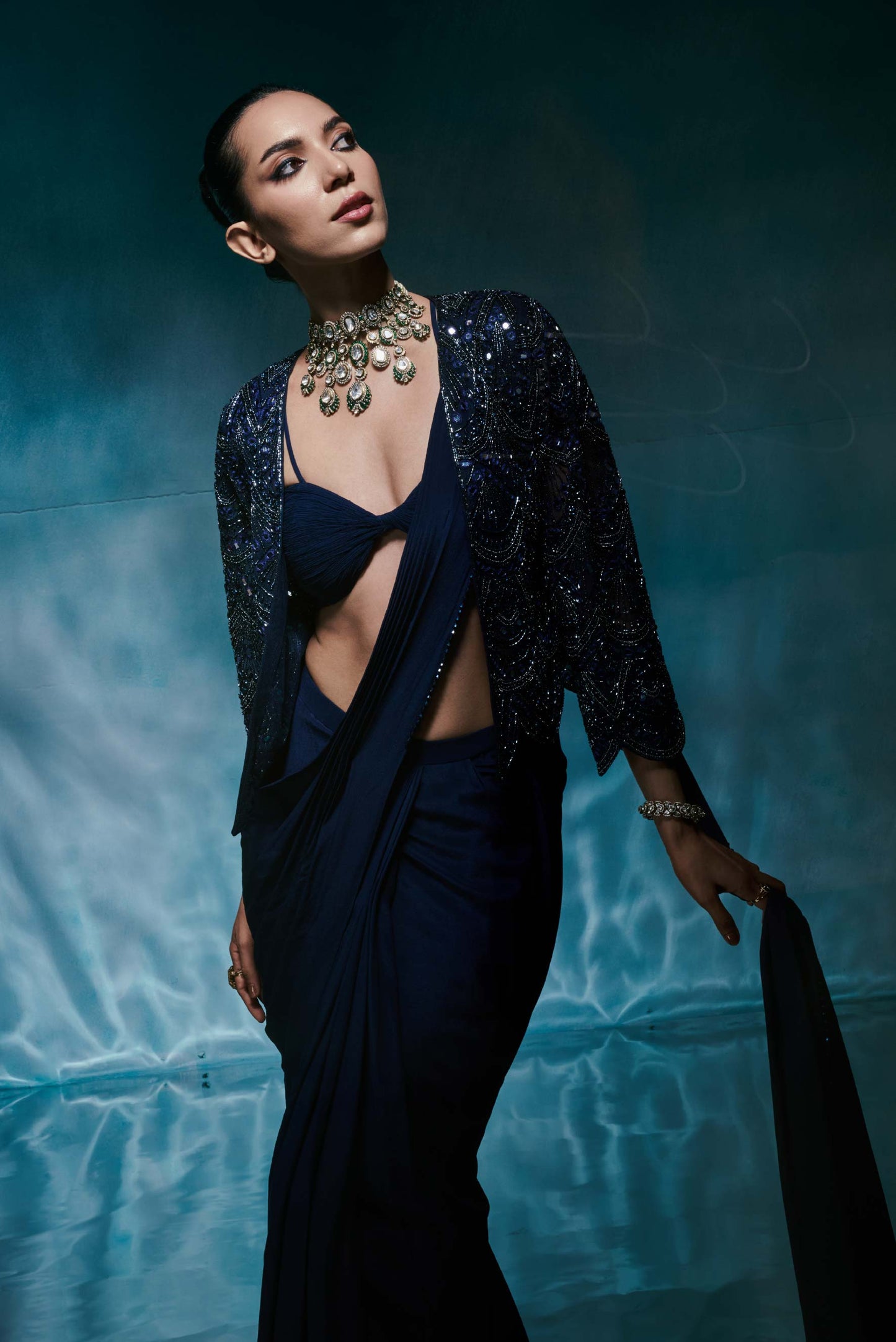 Royal Blue Jacket Saree Set