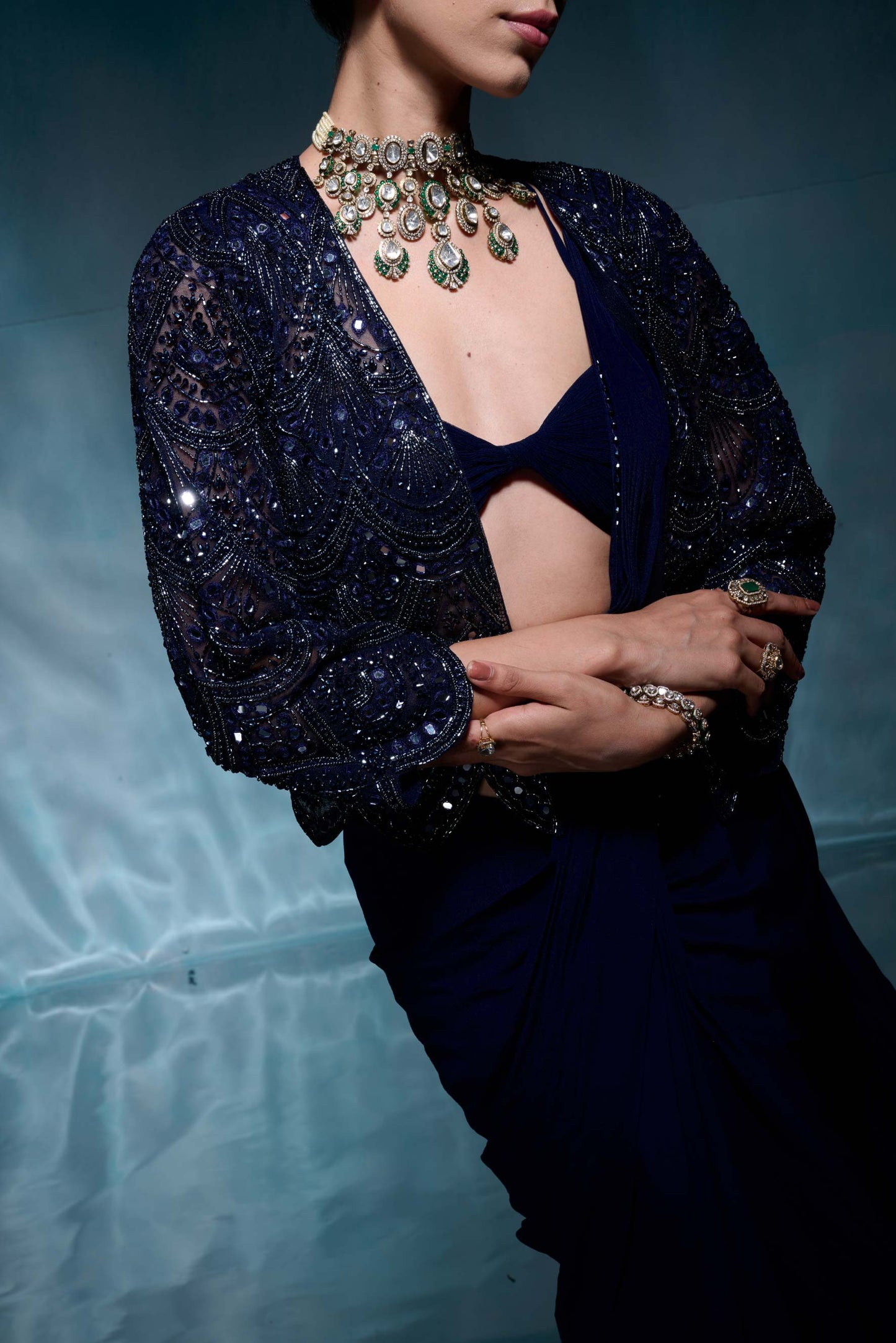 Royal Blue Jacket Saree Set