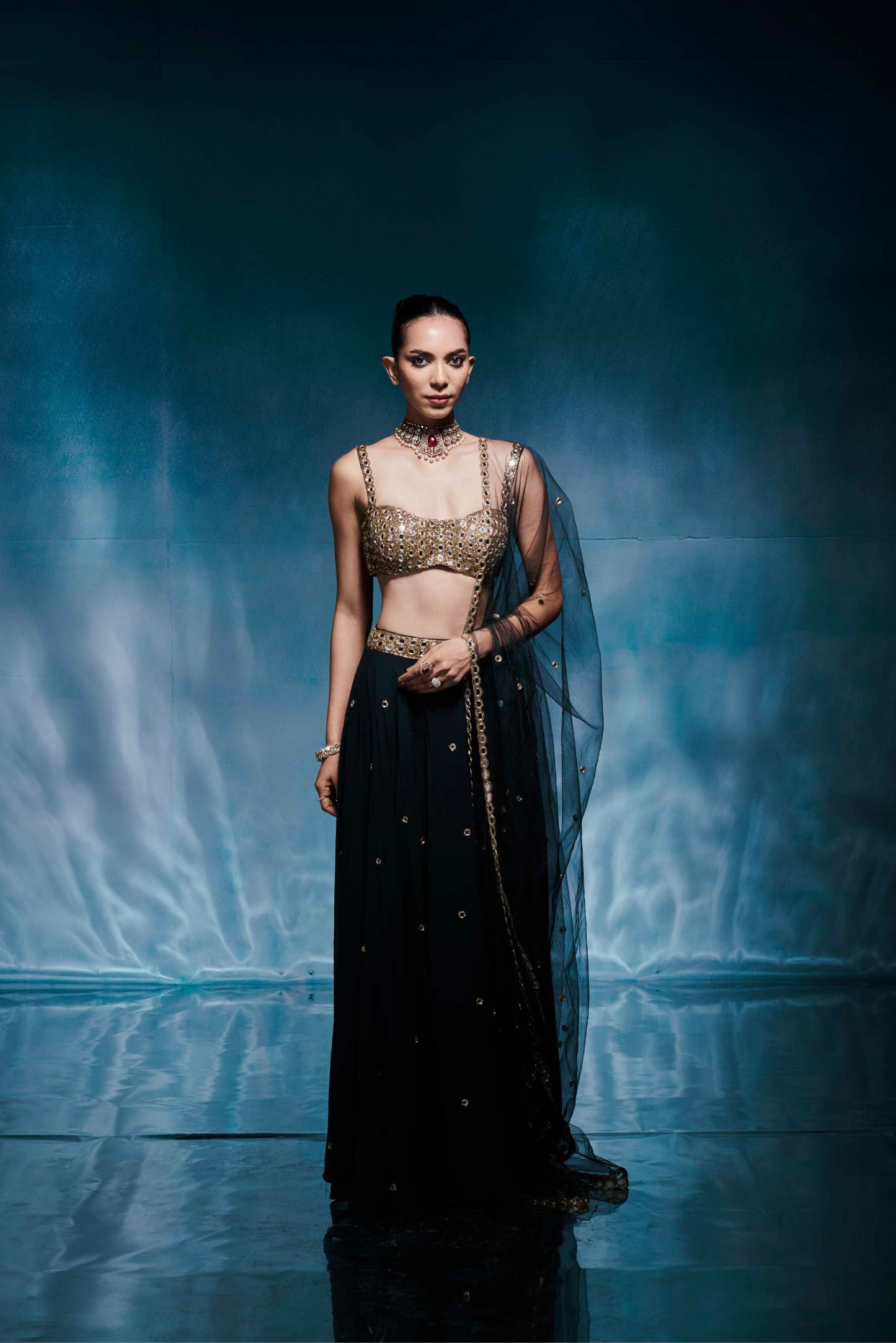 Black Georgette Mirror-Work Lehenga Set