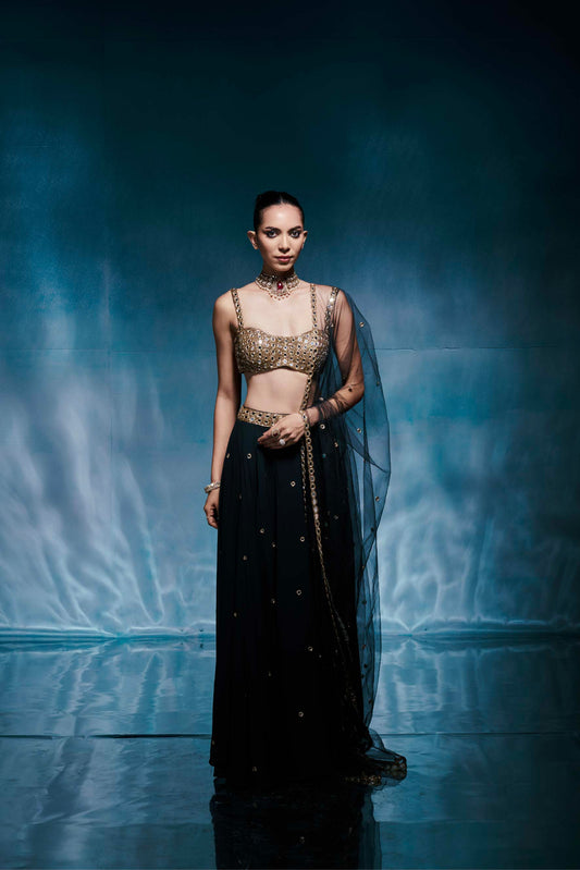Black Georgette Mirror-Work Lehenga Set