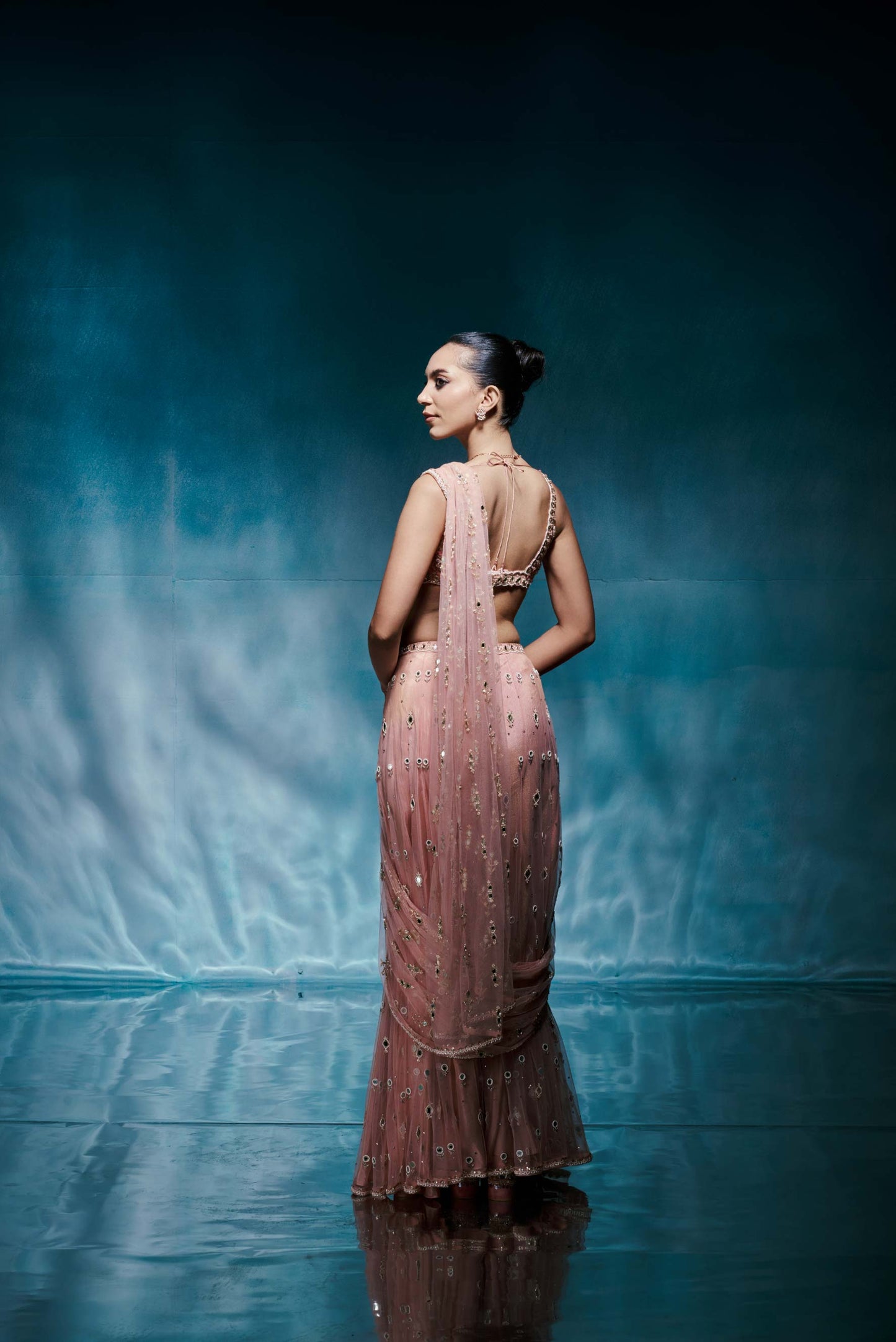 Peach Tulle Saree Set