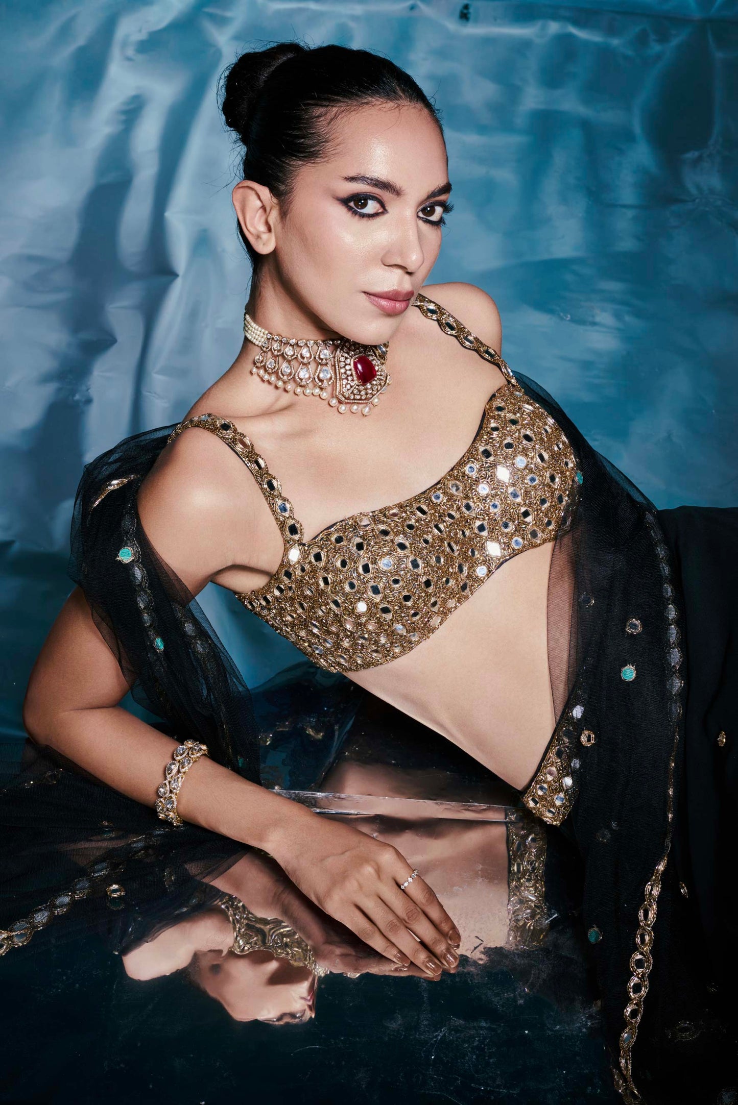 Black Georgette Mirror-Work Lehenga Set