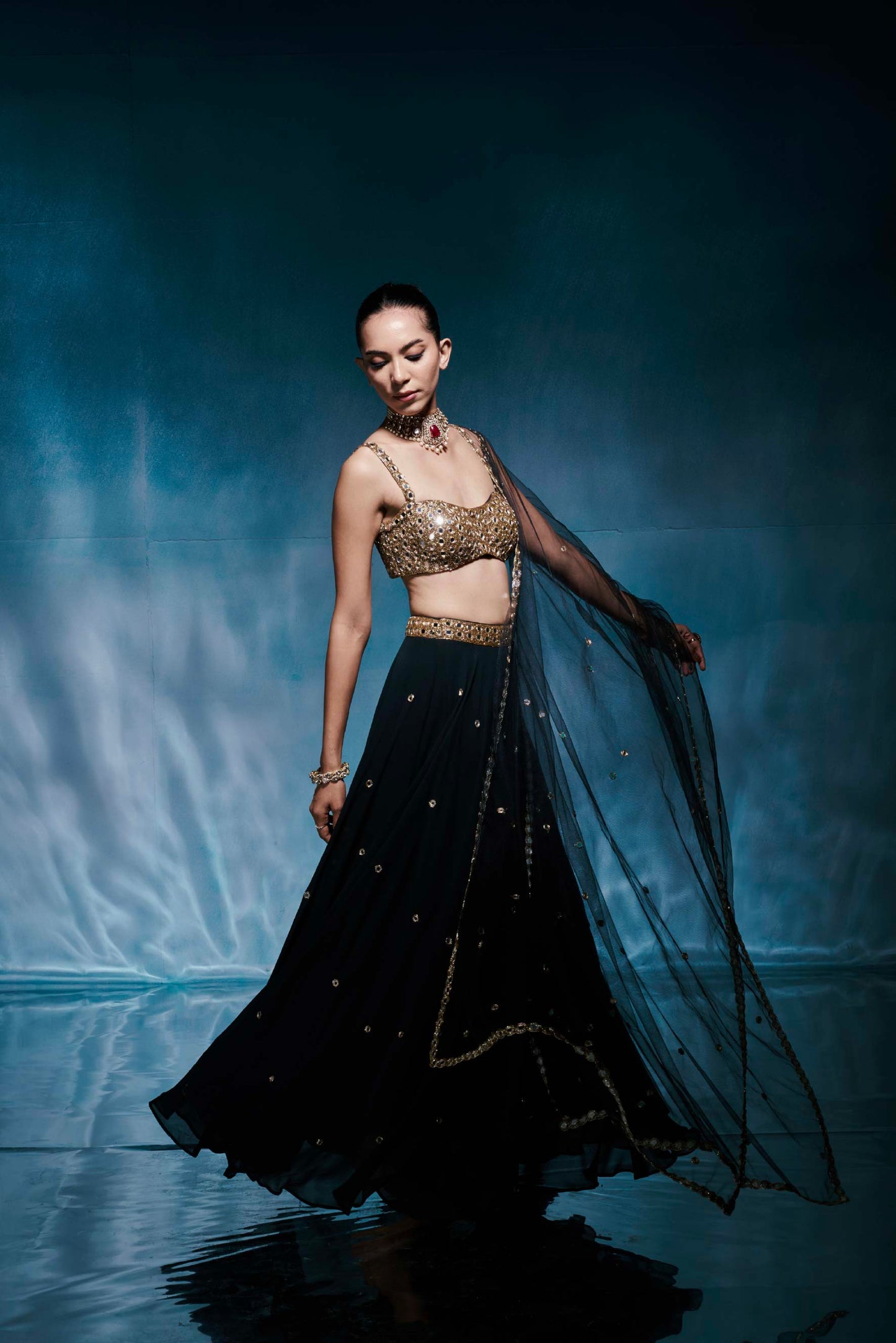 Black Georgette Mirror-Work Lehenga Set