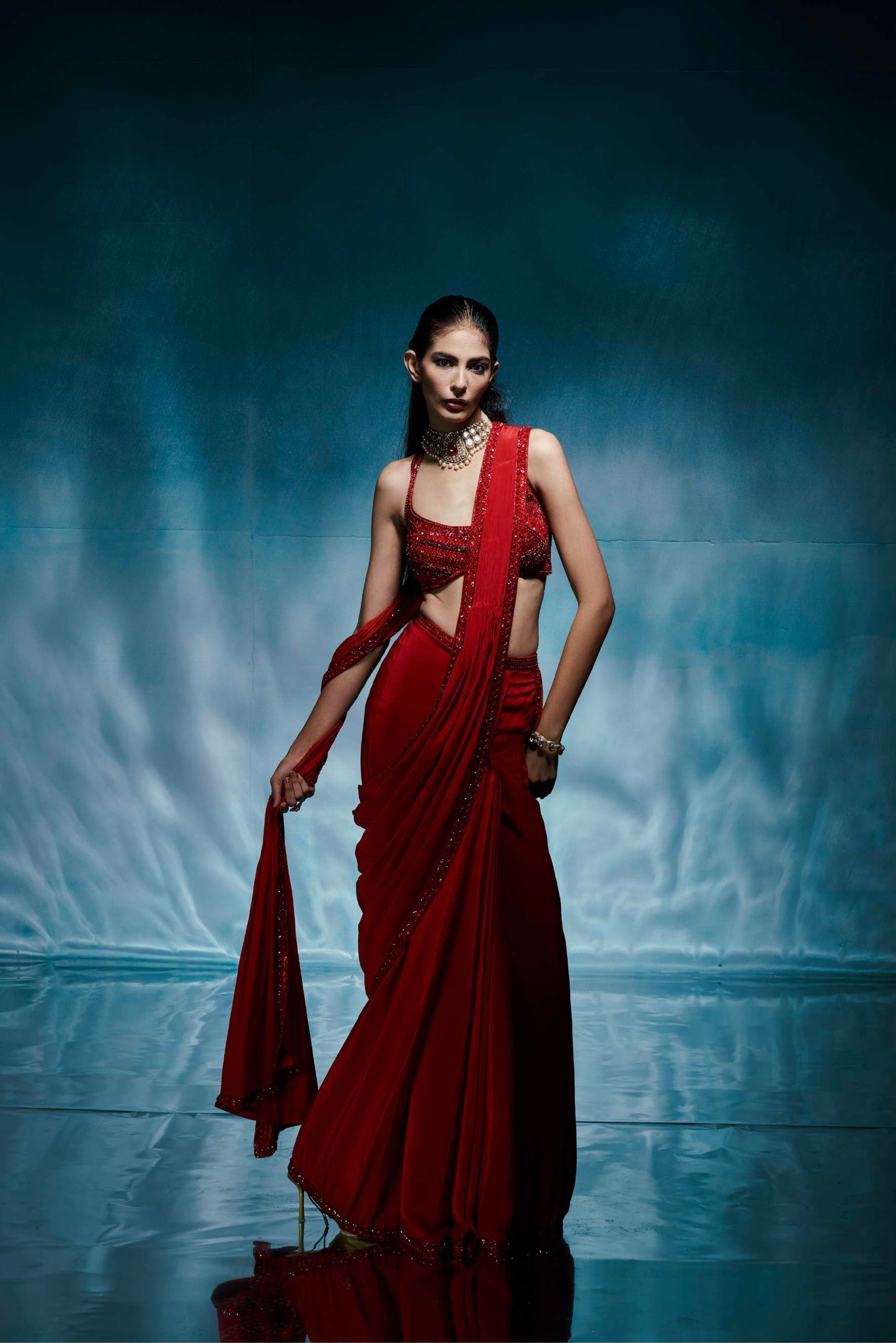 Red Pre Stitched Saree Set