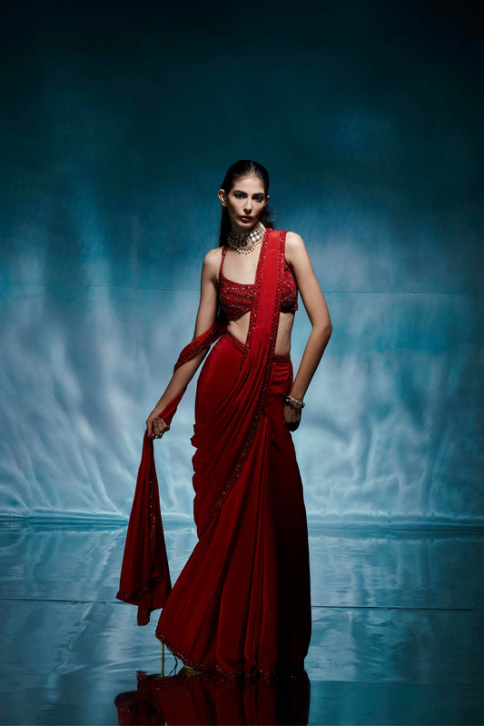 Red Pre Stitched Saree Set