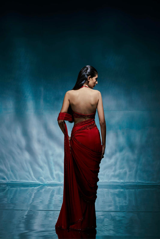 Red Pre Stitched Saree Set