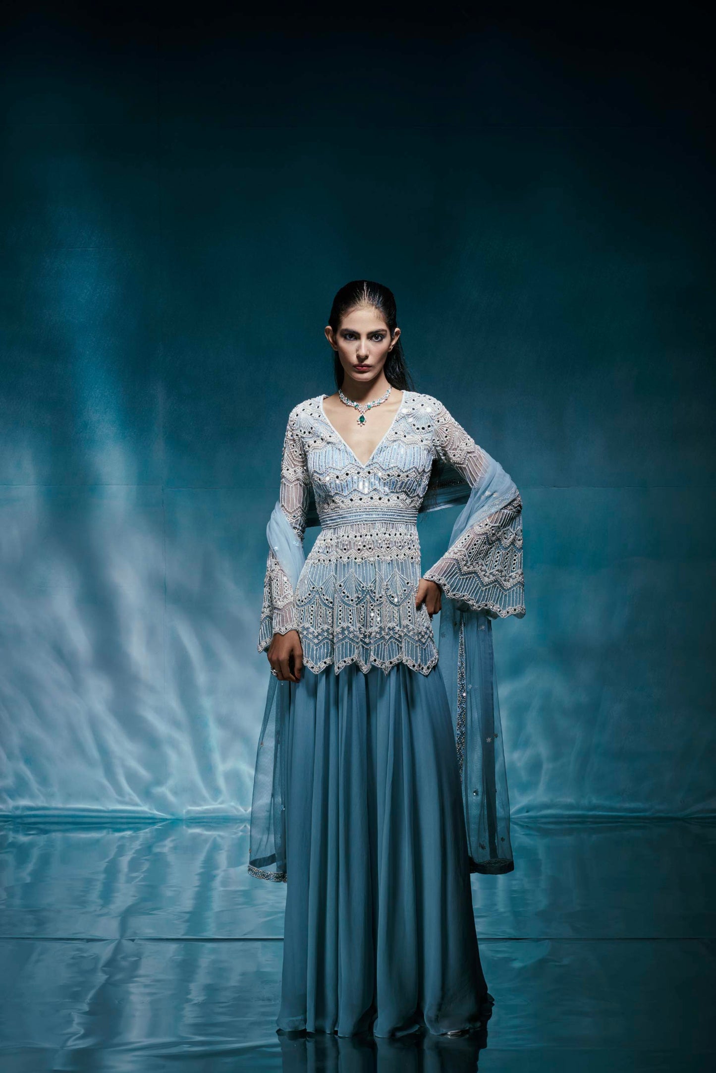 Light Blue Jacket Sharara Set