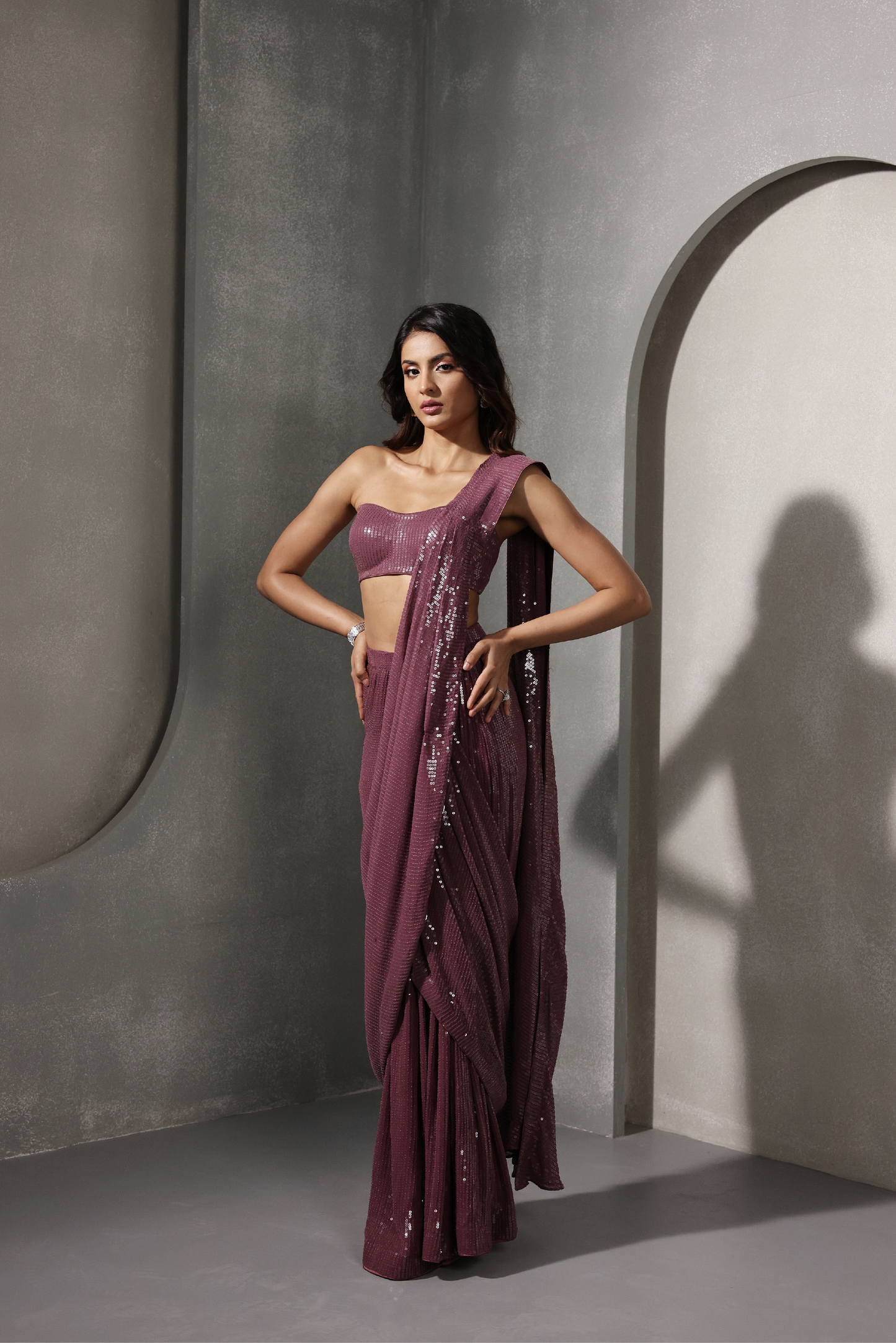 Wine Sequin Pre Stitched Saree Set