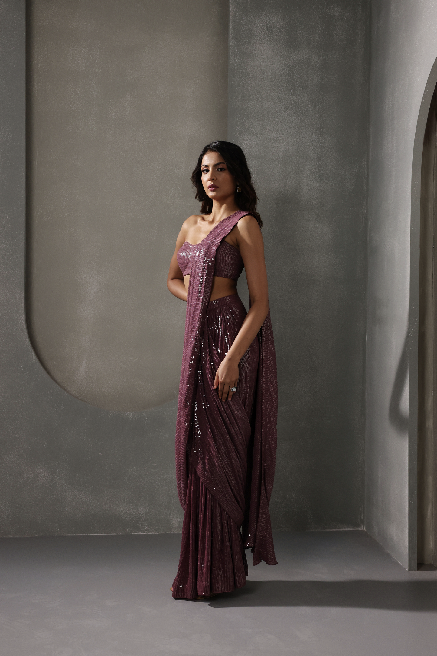 Wine Sequin Pre Stitched Saree Set