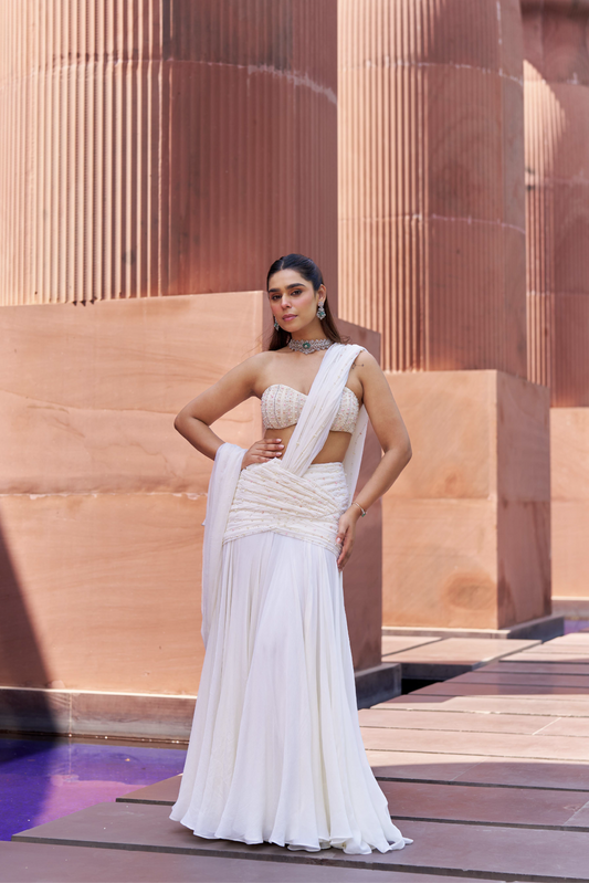 Ivory Chiffon Drape with Pearl Bead Embroidery Set