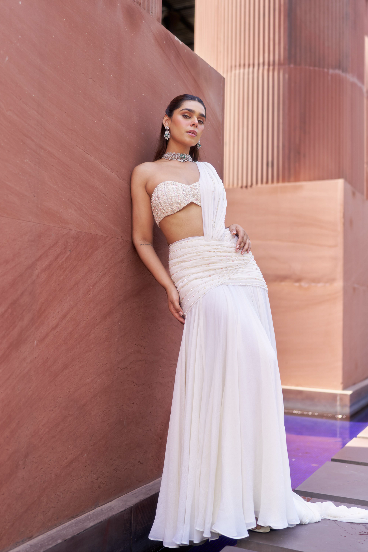 Ivory Chiffon Drape with Pearl Bead Embroidery Set