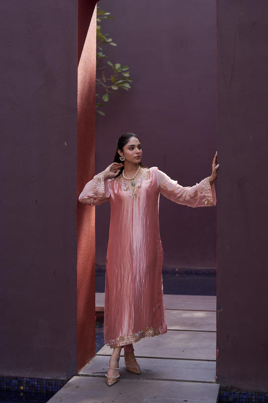 Old Rose Hand Embroidered Long Kurta Set