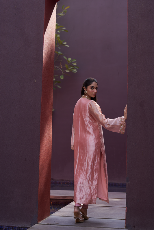 Old Rose Hand Embroidered Long Kurta Set