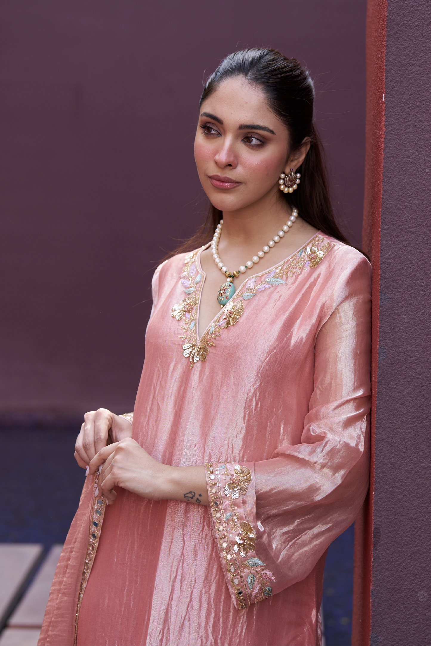 Old Rose Hand Embroidered Long Kurta Set
