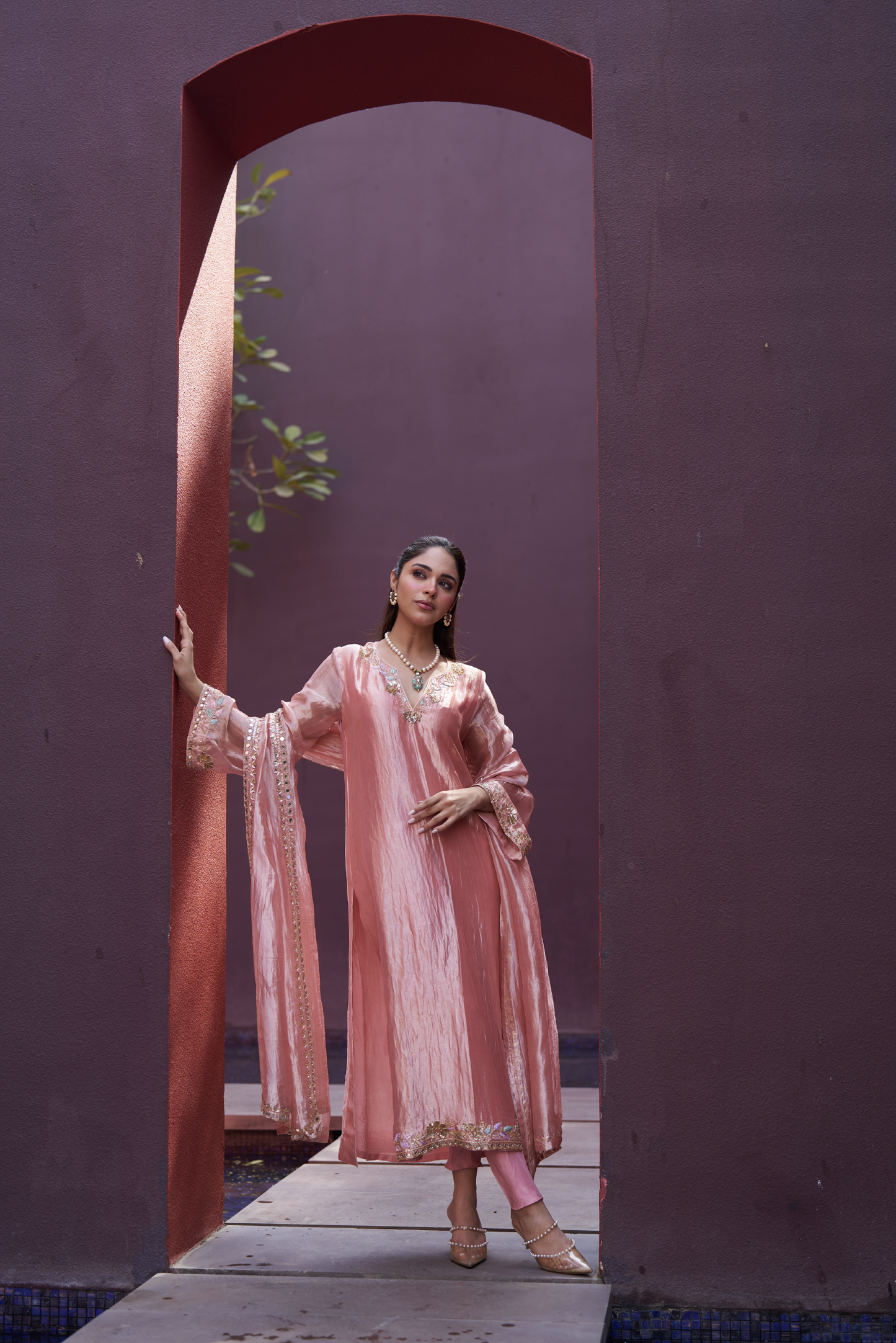 Old Rose Hand Embroidered Long Kurta Set