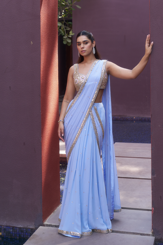Pastel Blue Saree Lehanga Set