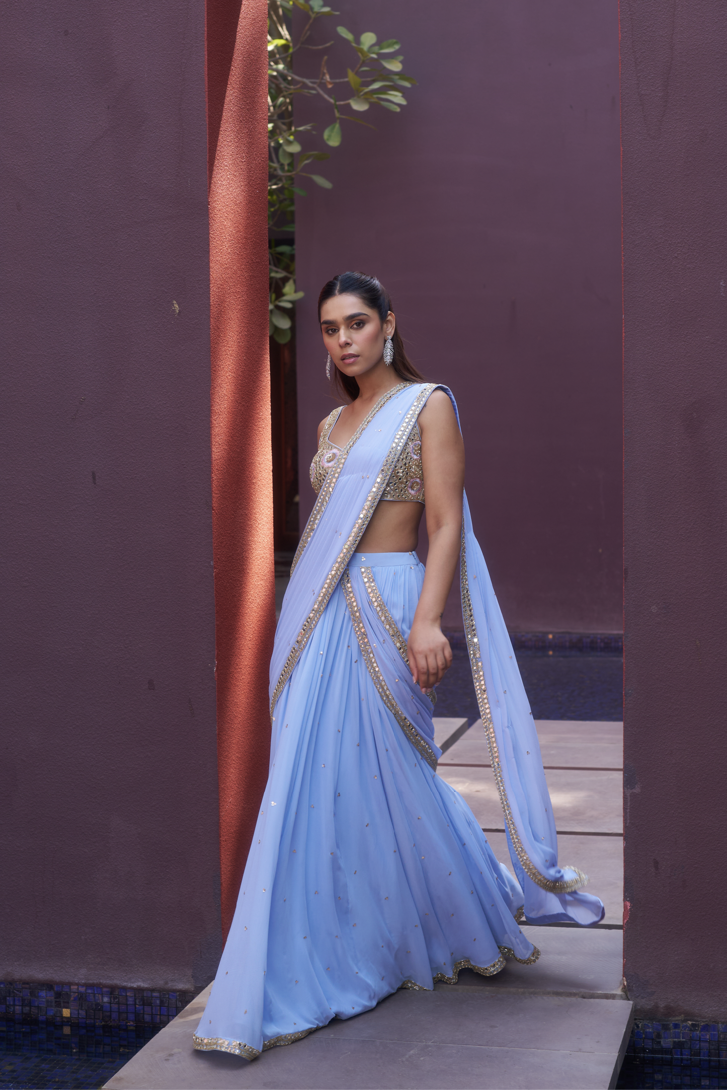 Pastel Blue Saree Lehanga Set
