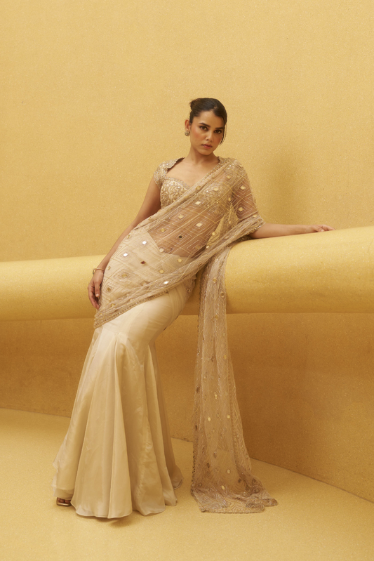 Rose Gold Tissue Hand Embroidered Saree Set